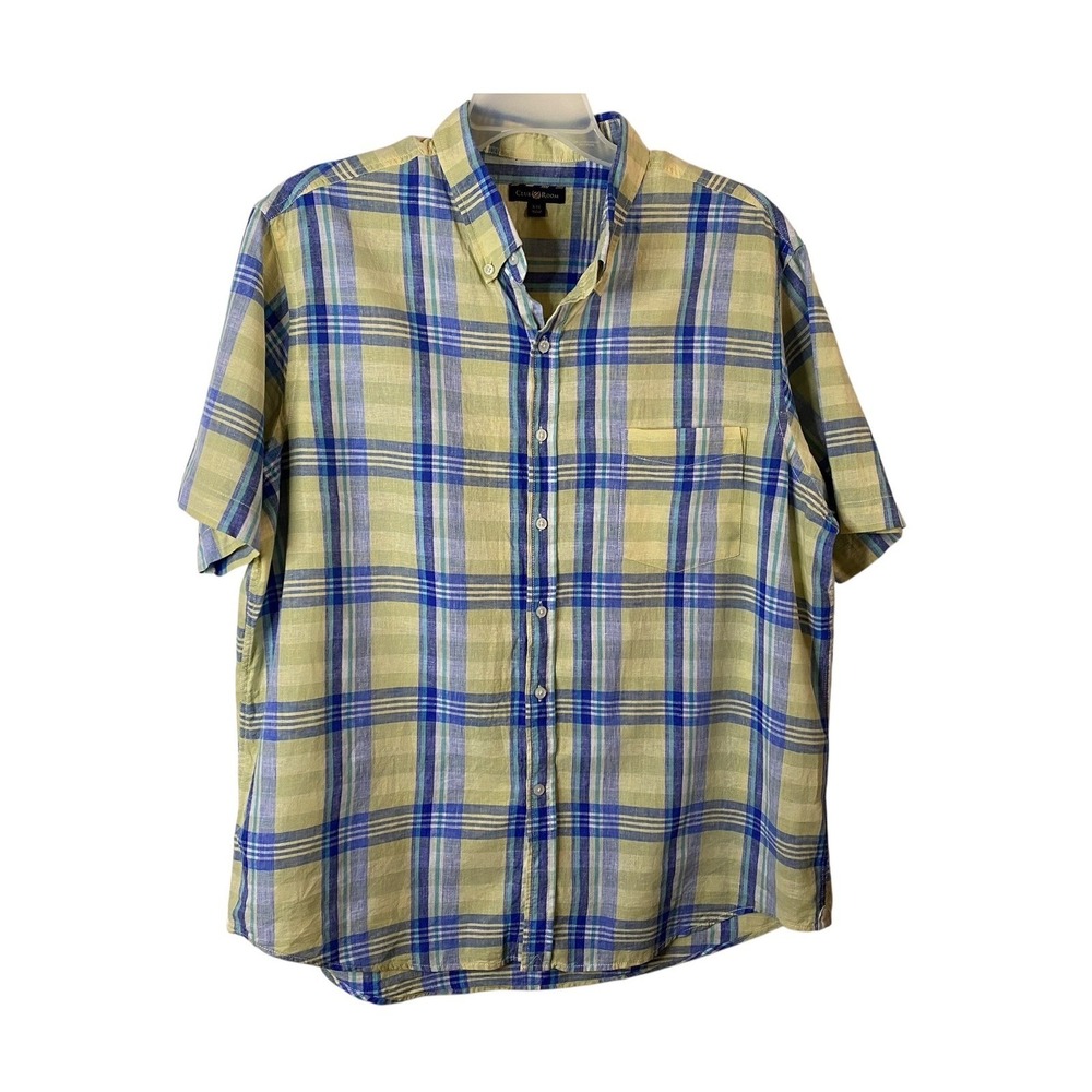 Club Room Mens XXL Blue Yellow Plaid Linen Cotton Short Sleeve Button Down Shirt